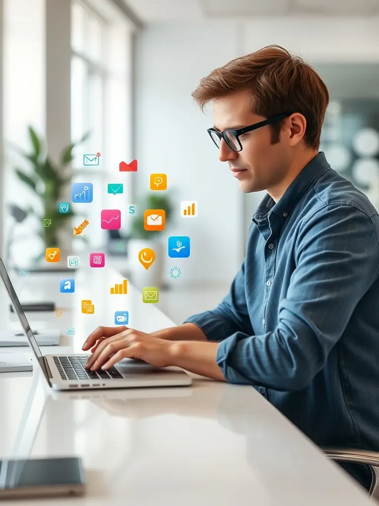 A person writing content on a laptop, surrounded by creative tools and a mood board, symbolizing content creation services for Wanna Be Popular.