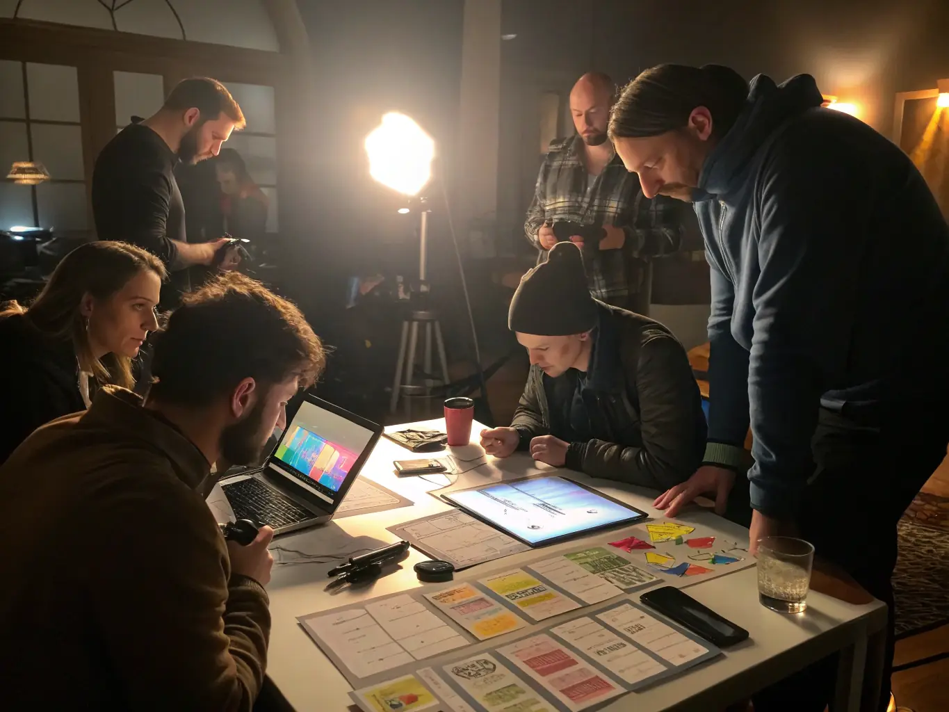 An image of a creative team brainstorming content ideas with laptops and sketches on a whiteboard, representing the content creation and strategy service.