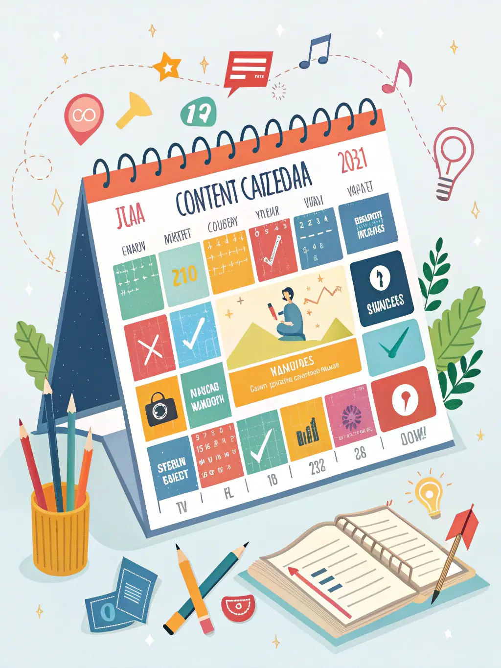 A visually appealing image of a content calendar filled with diverse content types, such as blog posts, social media updates, and videos. The image should represent a well-organized and strategic content plan.
