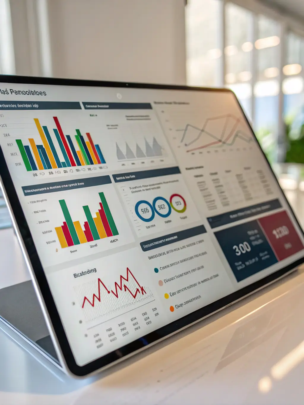 A close-up shot of a data analytics dashboard displaying various charts and graphs, highlighting key performance indicators (KPIs) and trends. The image should convey a sense of precision and data-driven decision-making.