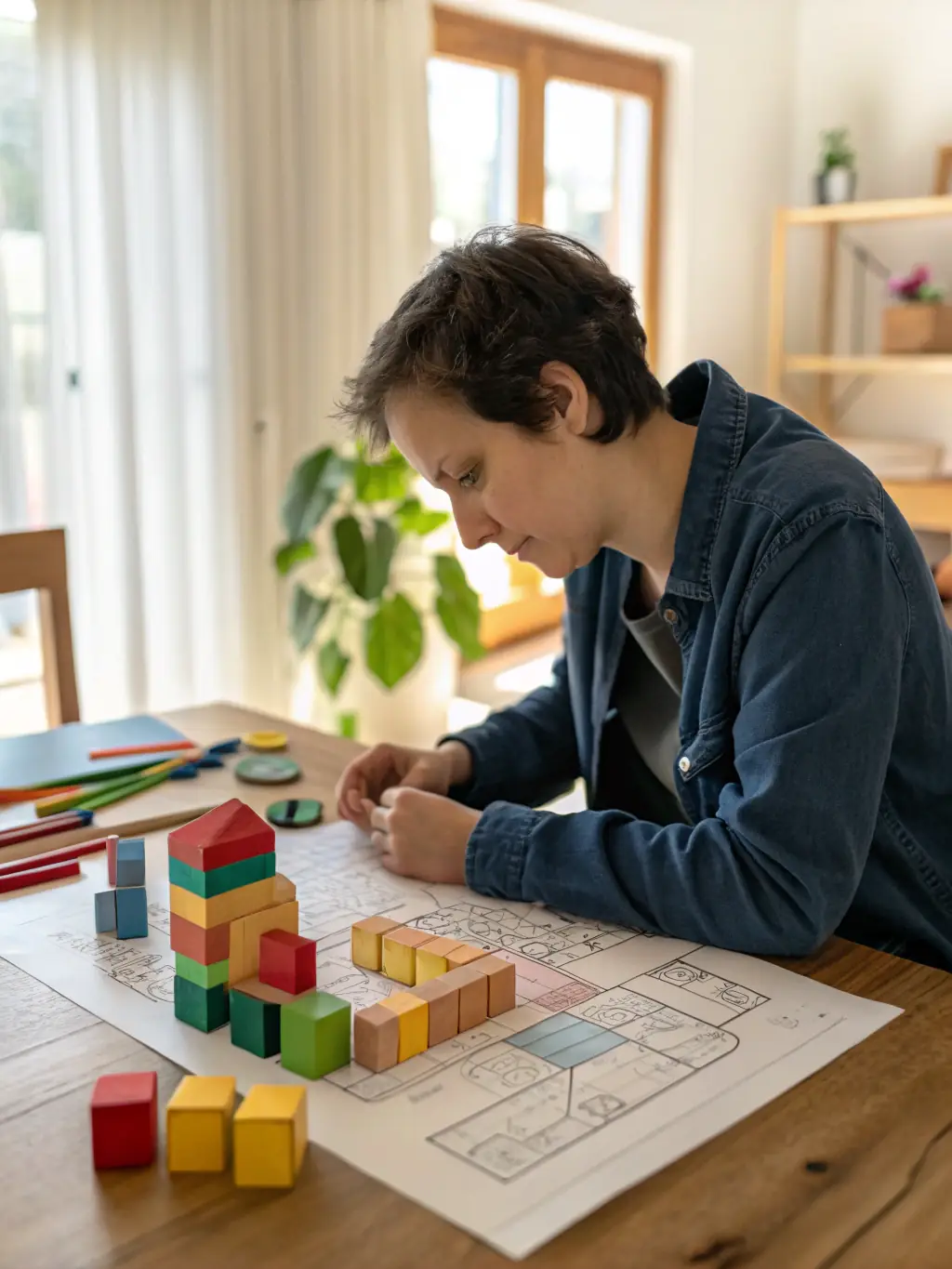 A person building a brand identity, with building blocks and a strong foundation, symbolizing brand building services for Wanna Be Popular.