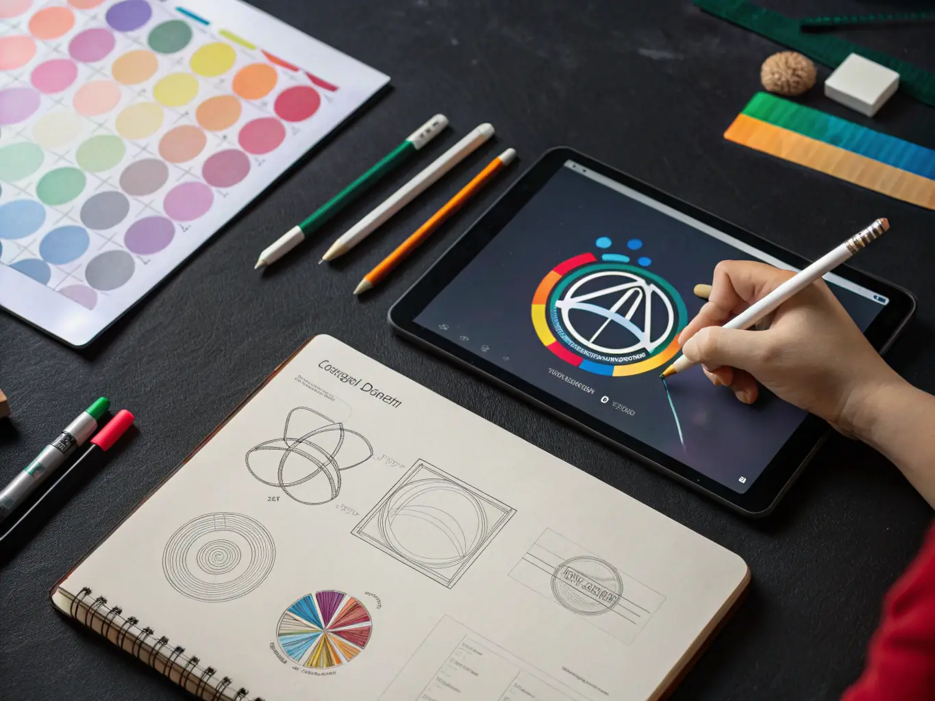 An image of a brand logo being designed on a digital tablet with branding materials around, representing the brand building and management service.